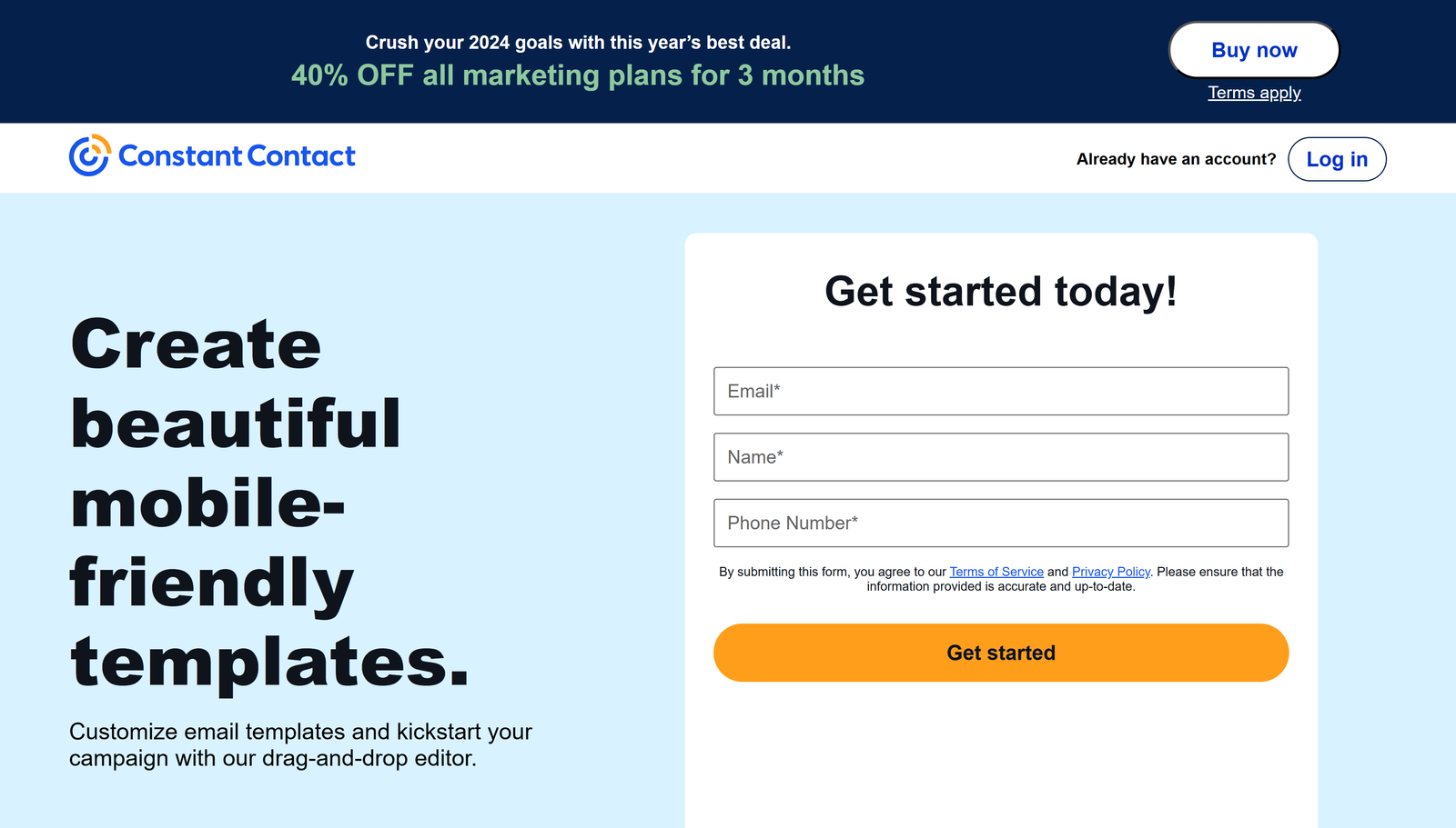 Email landing page for email marketing service